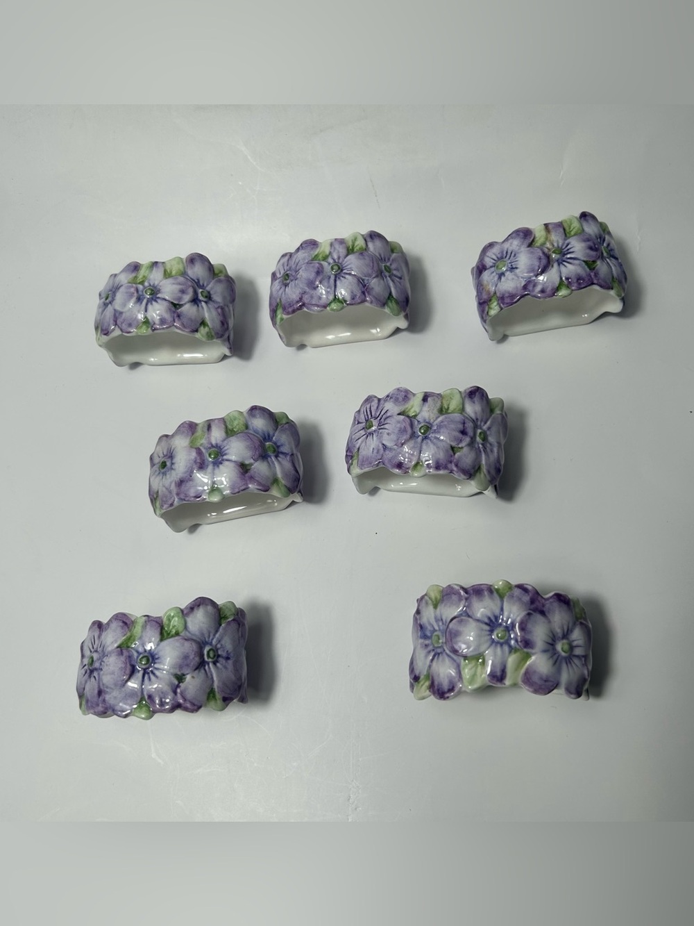 Vintage Ceramic Napkin Rings 7 Floral Pansies Kitchen Dining Decor Glossy